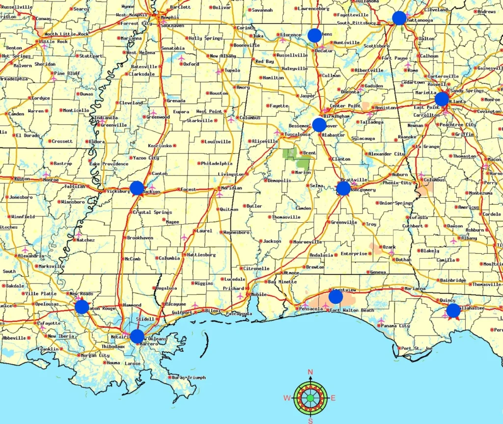 Map with blue markers across the Southeast.